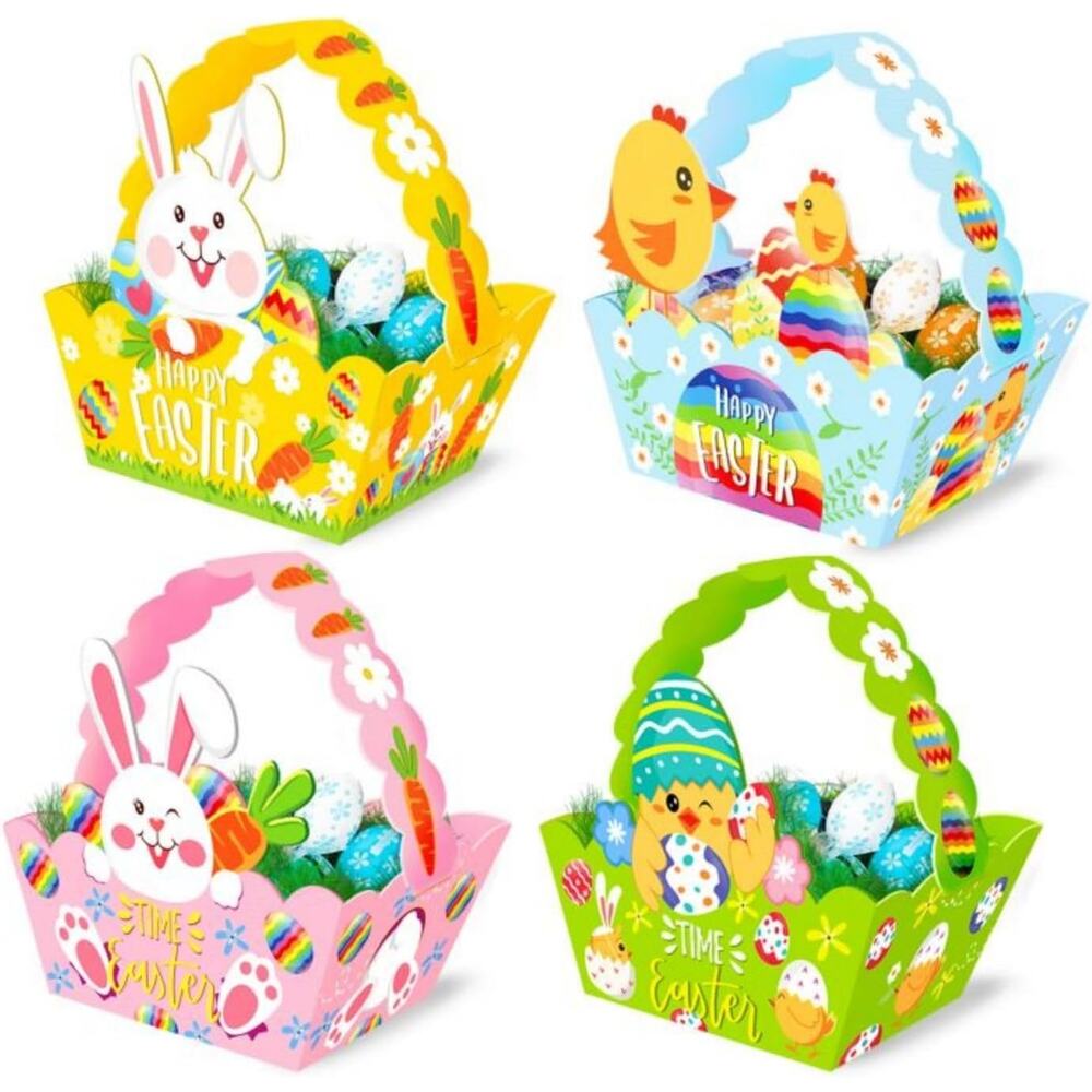 12pcs Easter Treat Boxes Paper Baskets w/ Handle Kids Egg Hunt Party Favors